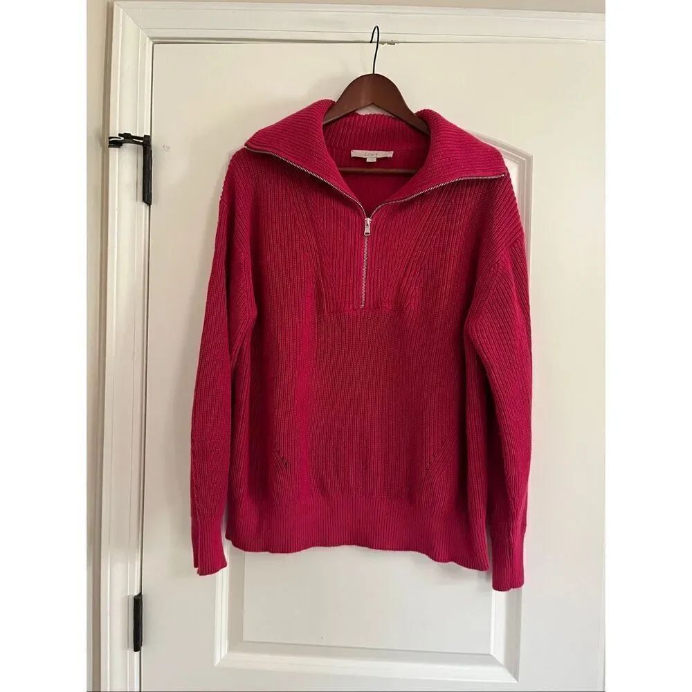 Loft Hot Pink Quarter zip Shaker Sweater -L